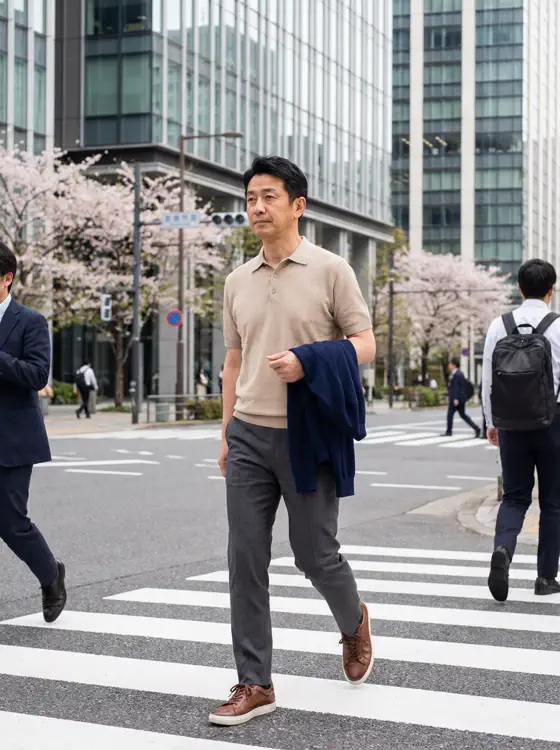 25℃前後の春、半袖ポロシャツで通勤する日本の男性会社員