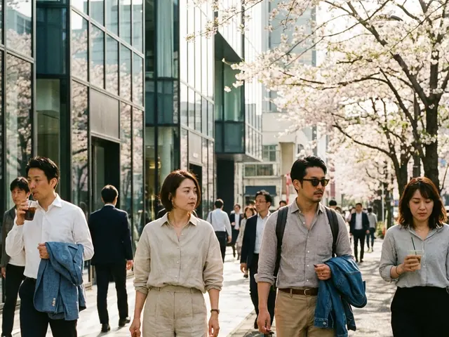 4月の暑い日に街を歩く日本の大人たち