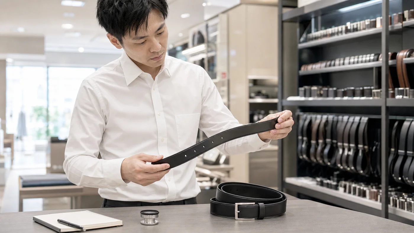 店頭で黒いビジネスベルト二本の穴と側面を比較する日本の会社員