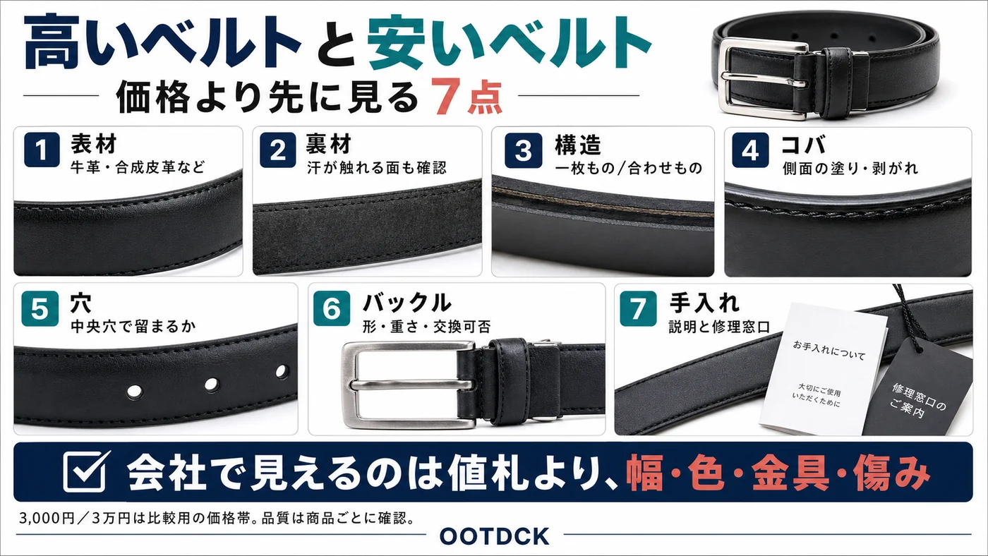 高いベルトと安いベルトを表材、裏材、構造、コバ、穴、バックル、手入れで比較する図