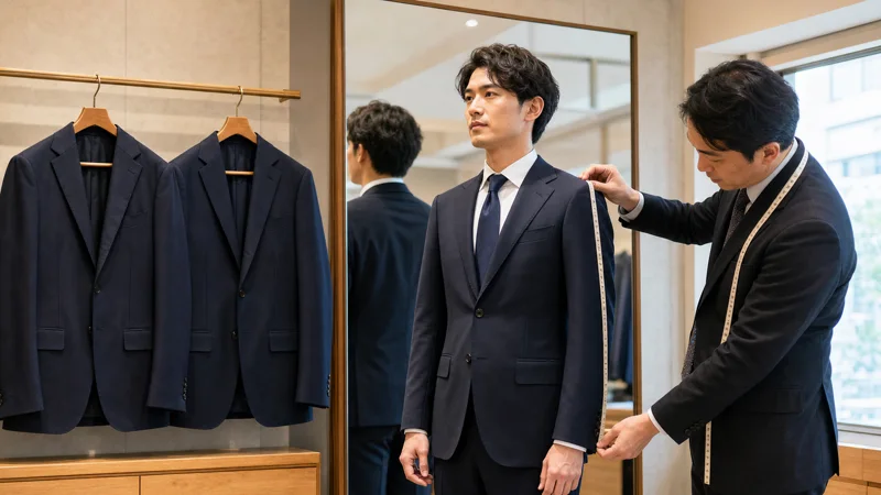 二着の紺スーツを開き芯地と裏地と縫製をテーラーが比較する作業台