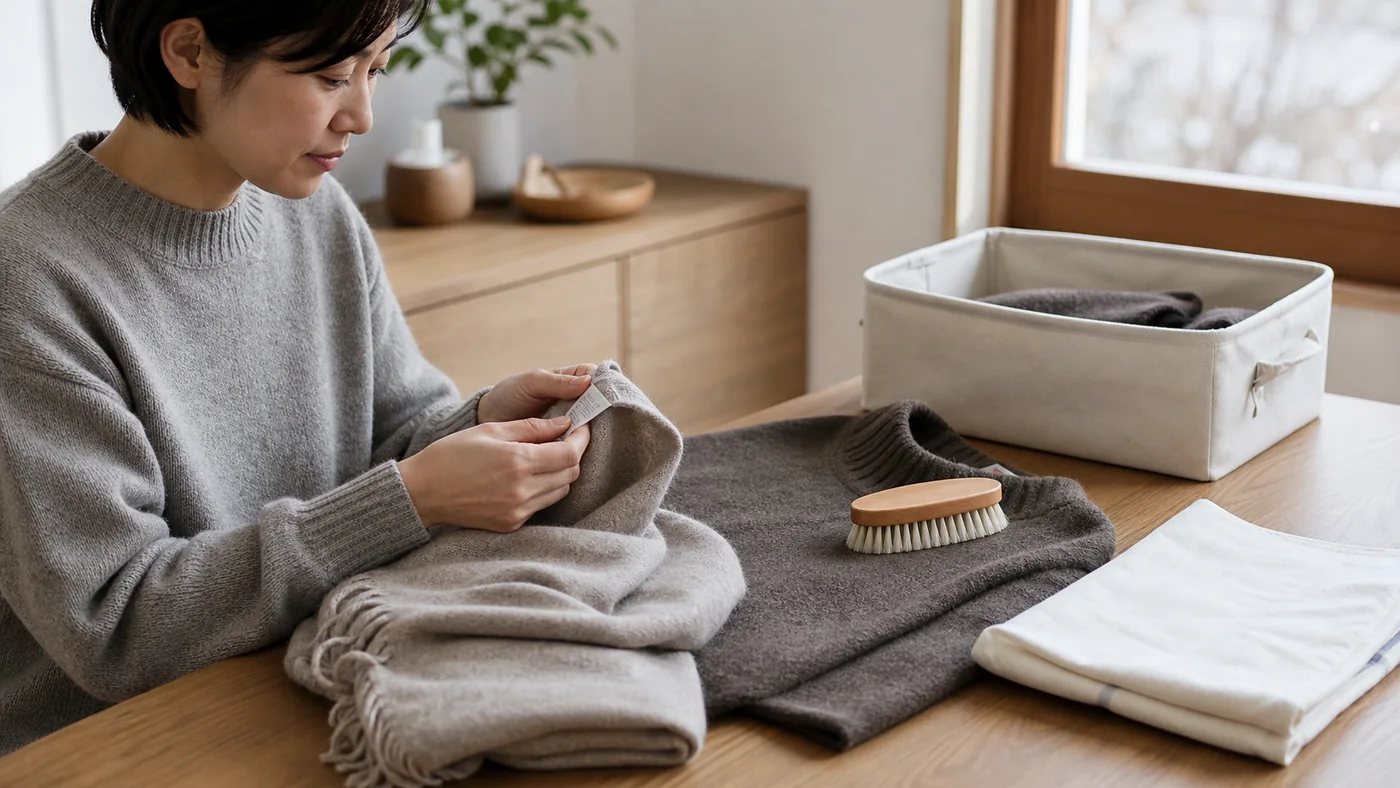 日本の自宅で、カシミヤとウールの組成・取扱表示を確認し、柔らかな洋服ブラシ、平置き、通気する収納箱で低摩擦のお手入れをする様子