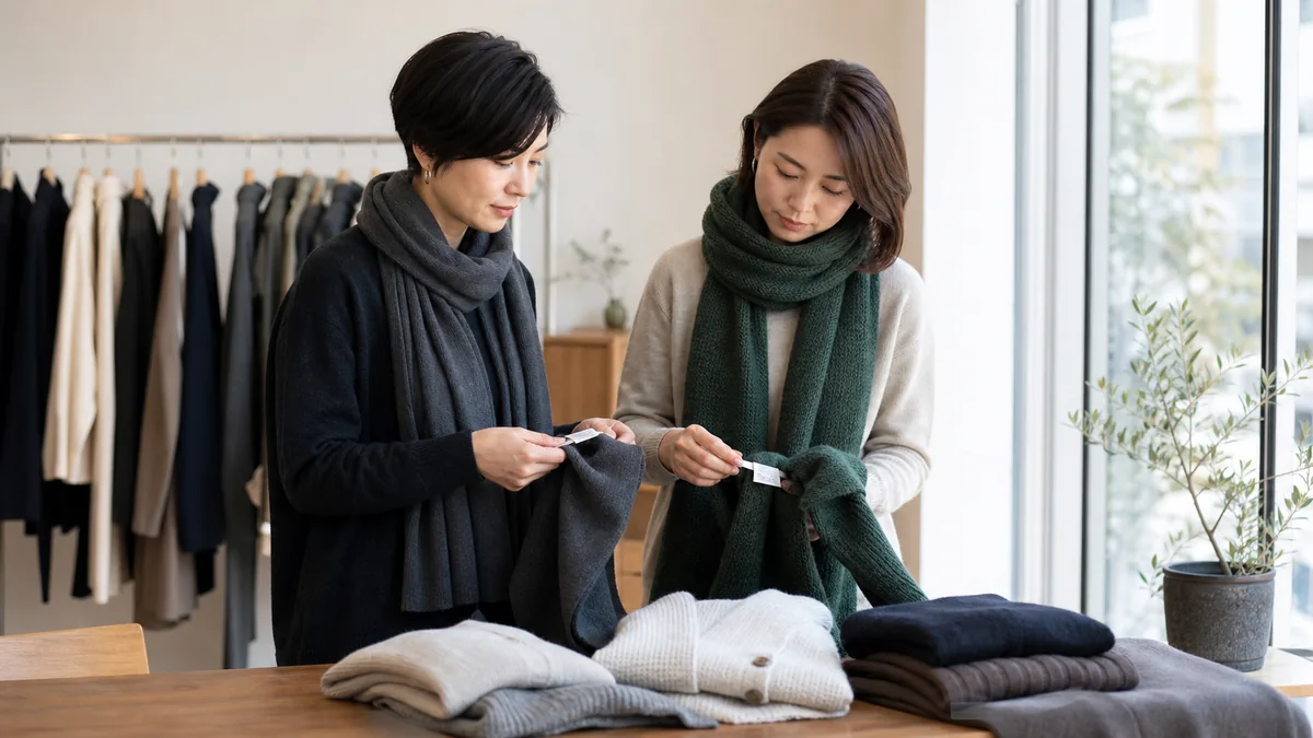 日本の衣料店で、細く滑らかに垂れるチャコールのカシミヤストールと、厚く弾力のある緑のウールストールを着た利用客が、組成・取扱表示と生地を比較する様子