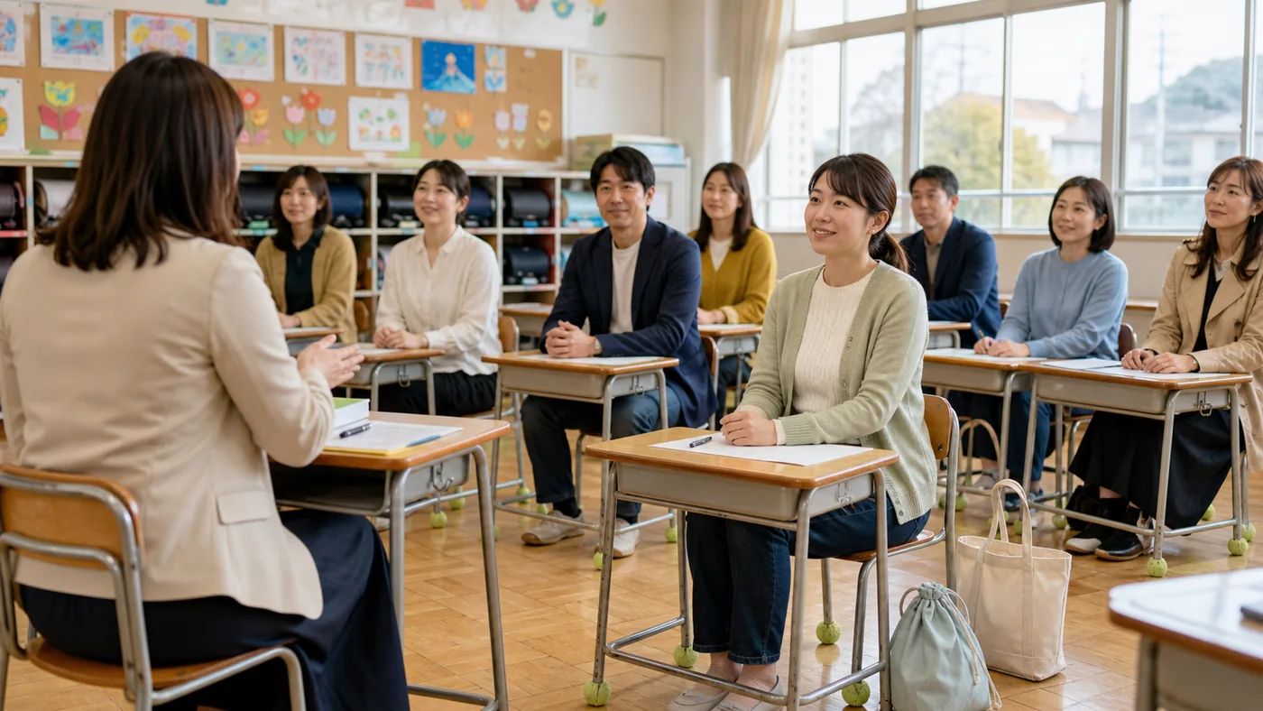 日本の小学校で濃色デニムと淡いグリーンのカーディガンを着た母親が低い児童机に座りA4資料を見ながら懇談会へ参加する様子