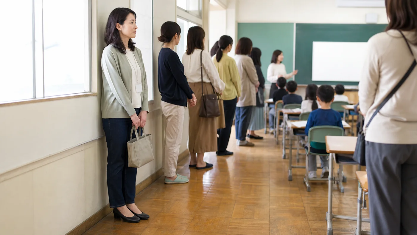 日本の小学校の授業参観で濃いインディゴのストレートデニムとアイボリーニットと薄いグリーンのカーディガンを着て教室後方に立つ母親