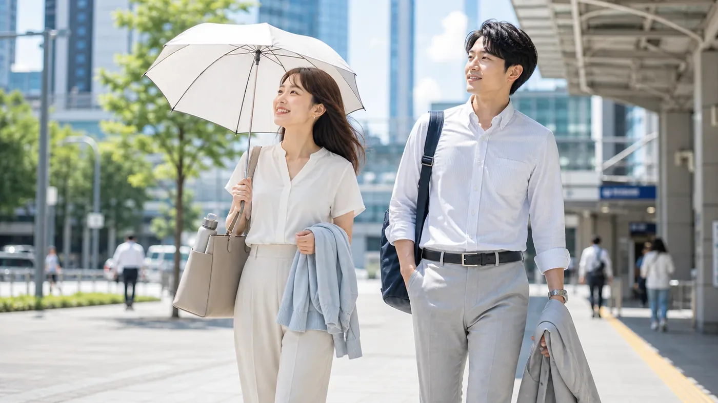 夏の通勤で日傘、保冷ボトル、薄手羽織りを使って暑さ対策をする社会人の画像