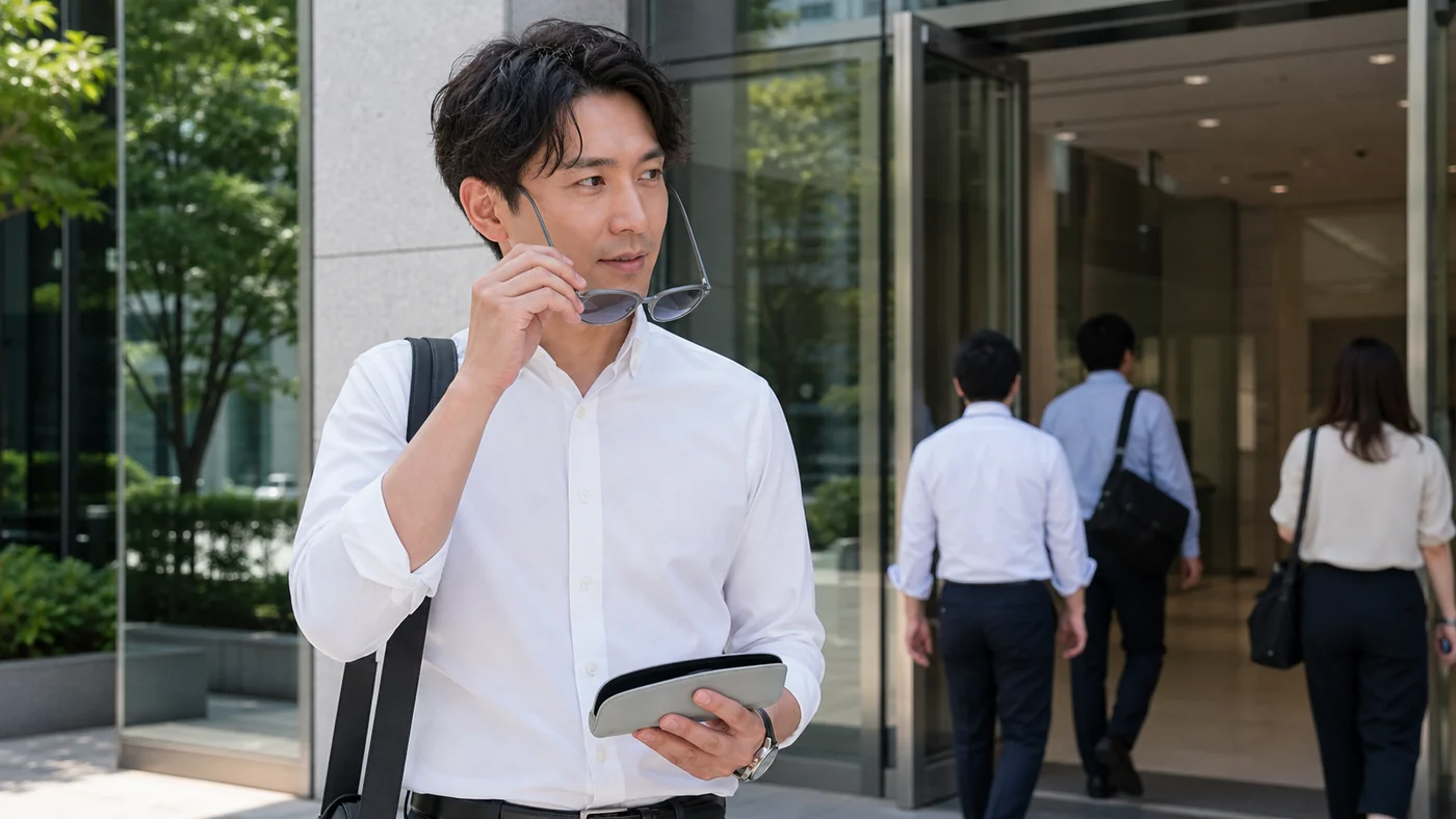 夏の朝に会社の入口で薄色サングラスを外してケースへ入れる日本の会社員