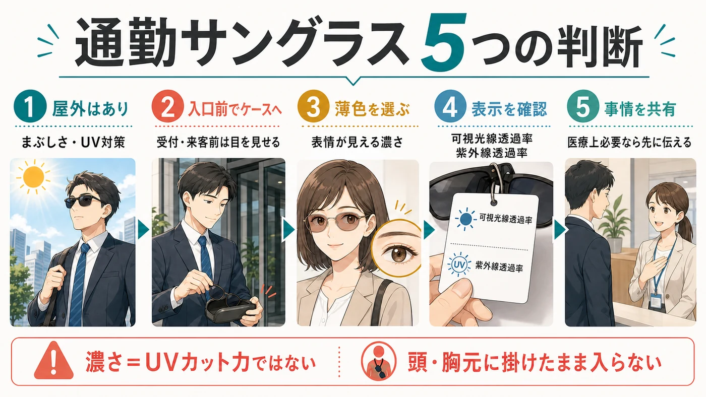通勤サングラスを屋外、入口、薄色、品質表示、必要な事情の五段階で判断する図