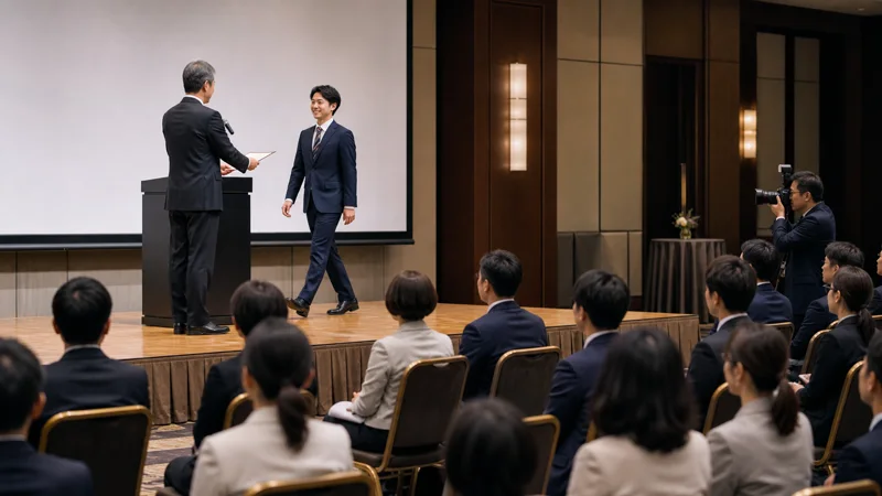 社内表彰式の会場で受賞者とプレゼンターと運営スタッフが登壇動線を確認するリハーサル