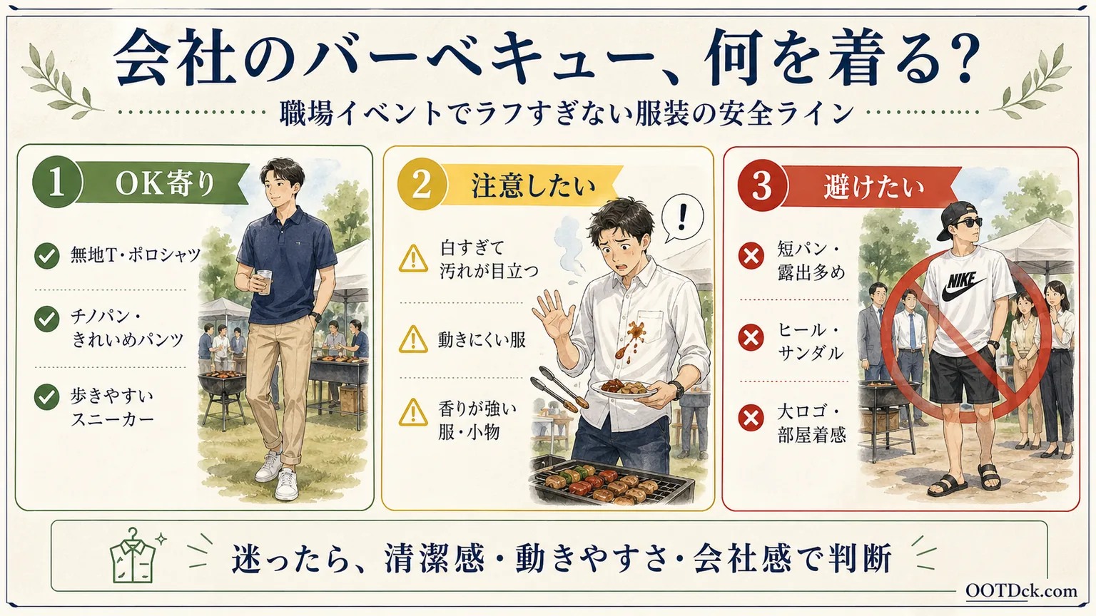 会社のバーベキューでラフすぎない服装を整理したインフォグラフィック