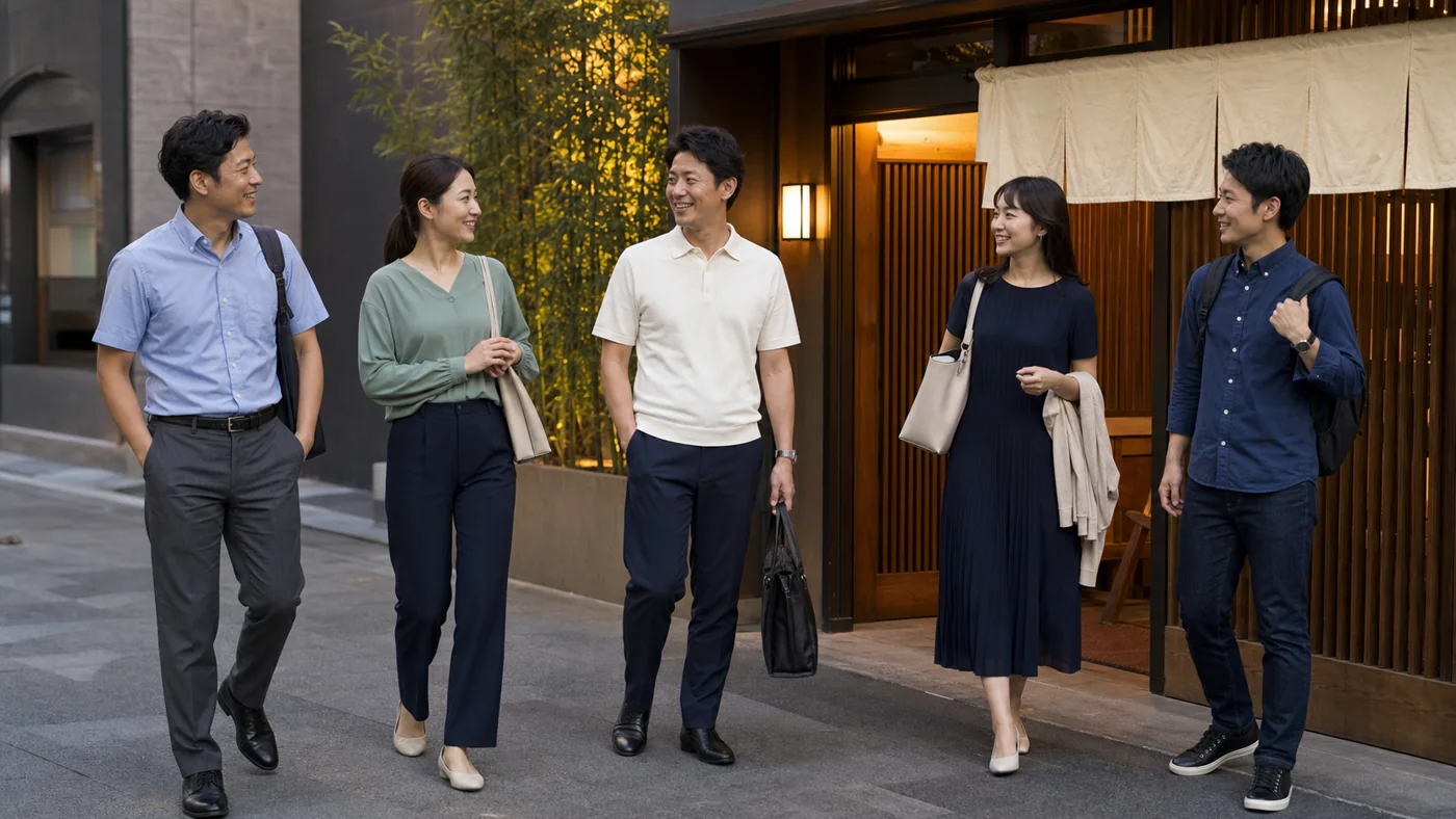 夏の仕事帰りに居酒屋へ向かう会社員5人の飲み会服装