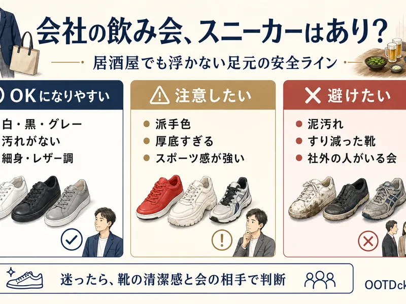 会社の飲み会でスニーカーを履いていいか迷う若手社員の足元TPO