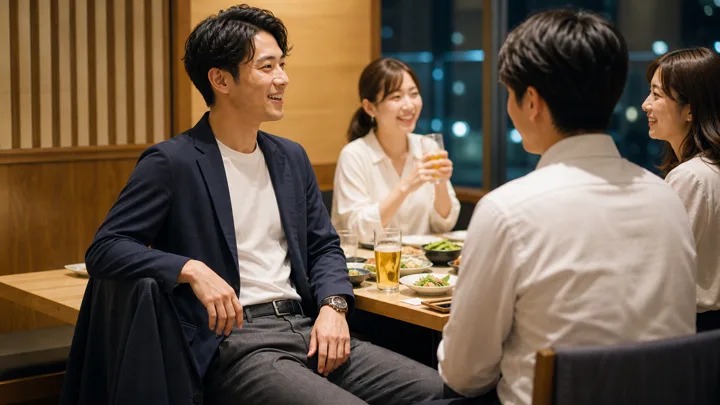 会社の飲み会にTシャツとジャケットで行く時の服装画像