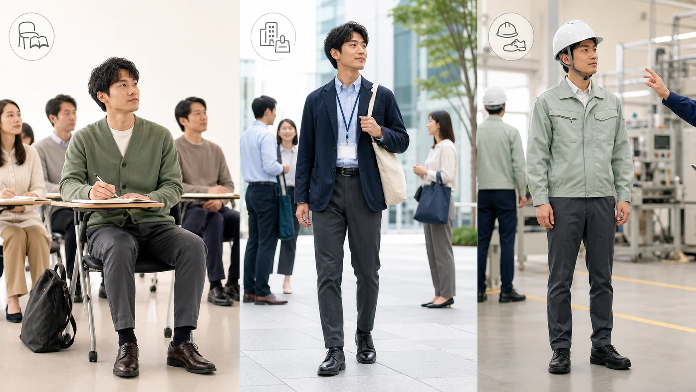 社内座学、外部研修会場、実技と工場見学で服装を使い分ける日本の会社員