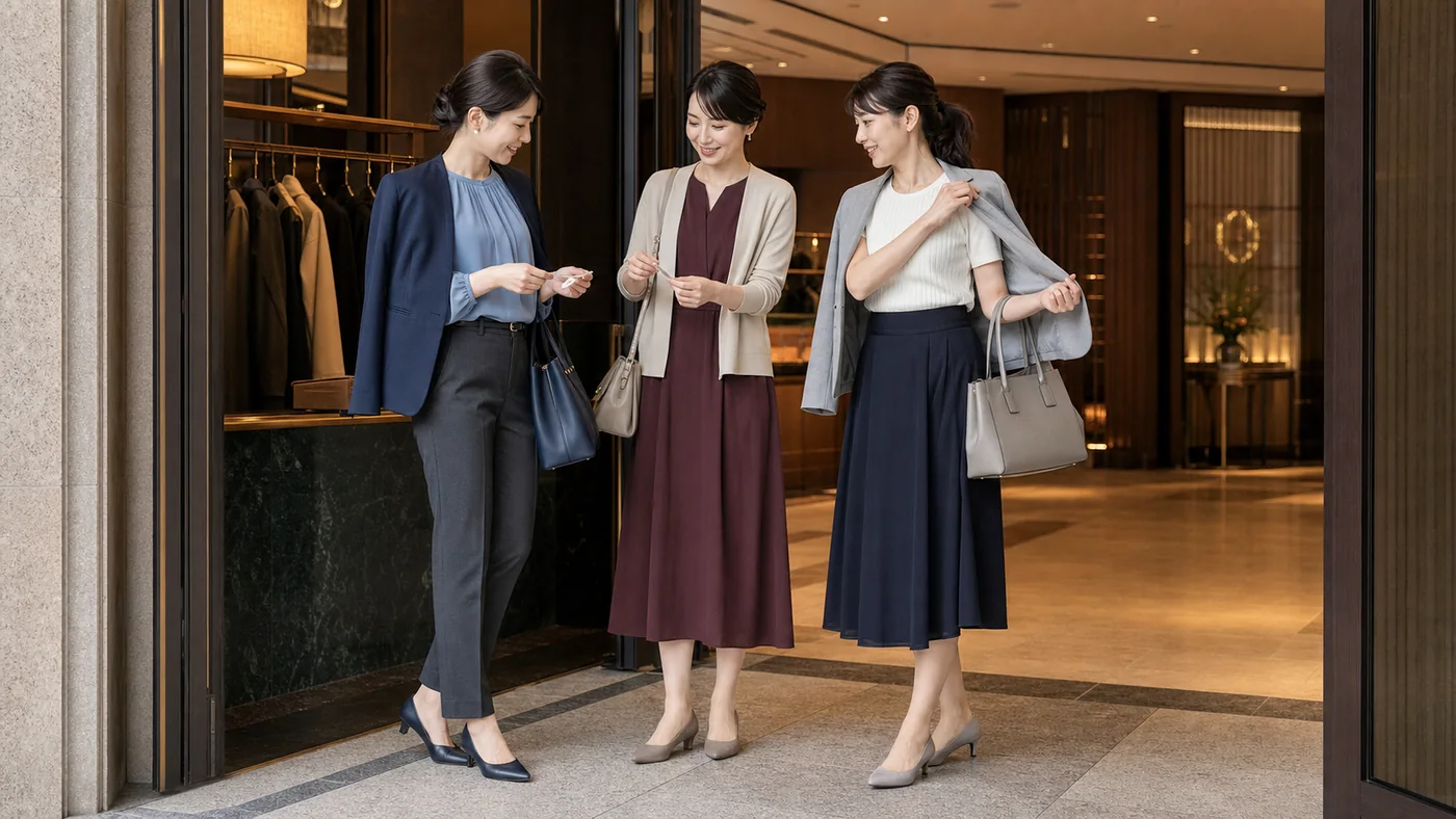 ホテルの会社歓迎会に合う女性会社員のジャケット、ワンピース、ミディ丈スカートコーデ