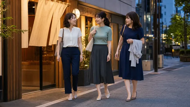 居酒屋の会社歓迎会に合う女性会社員の三つのコーデ