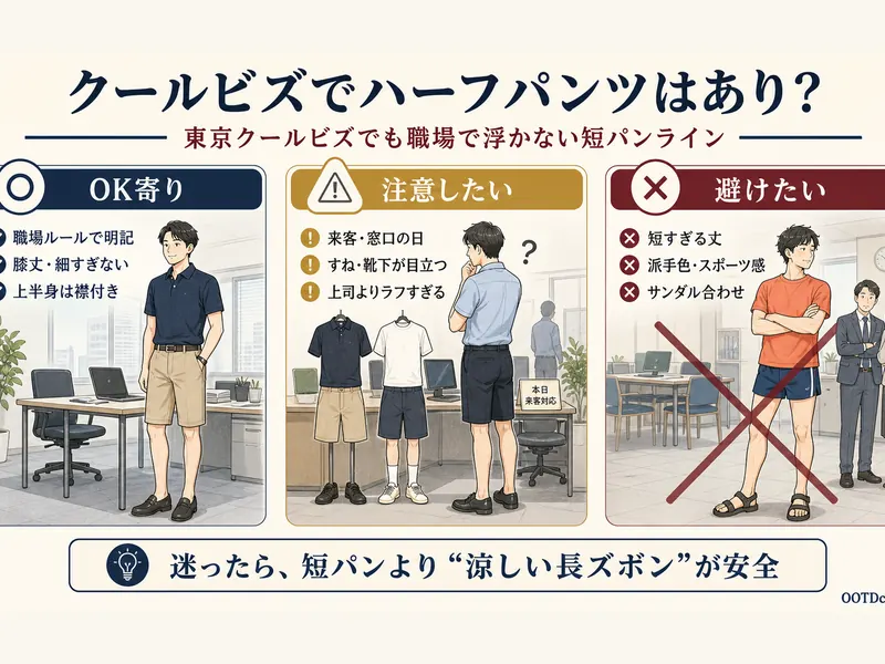 クールビズでハーフパンツはありか、職場で浮かない短パンラインをまとめたインフォグラフィック