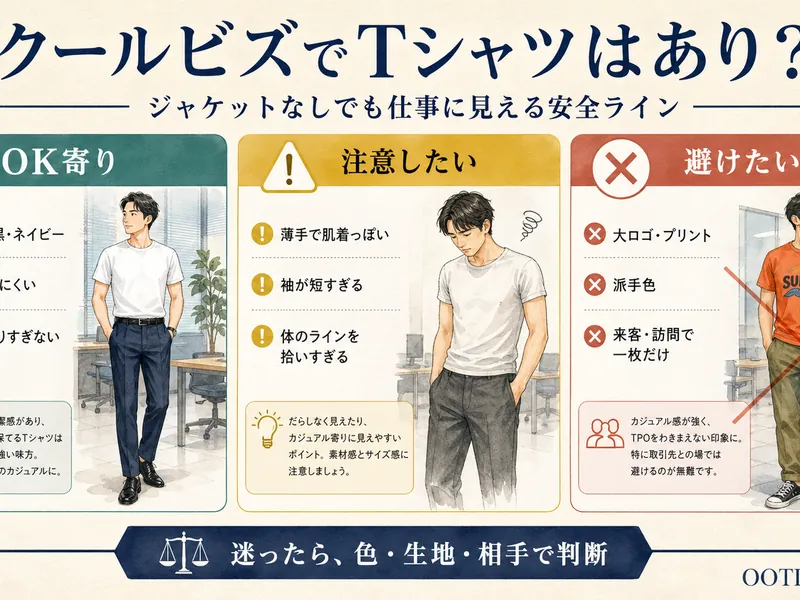 クールビズでTシャツを着ていいか、仕事に見える安全ラインをまとめたインフォグラフィック