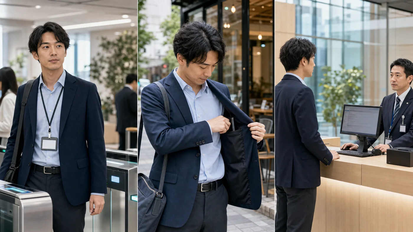 社内では社員証を表示しランチでは内ポケットに保管し紛失時は受付へ報告する会社員