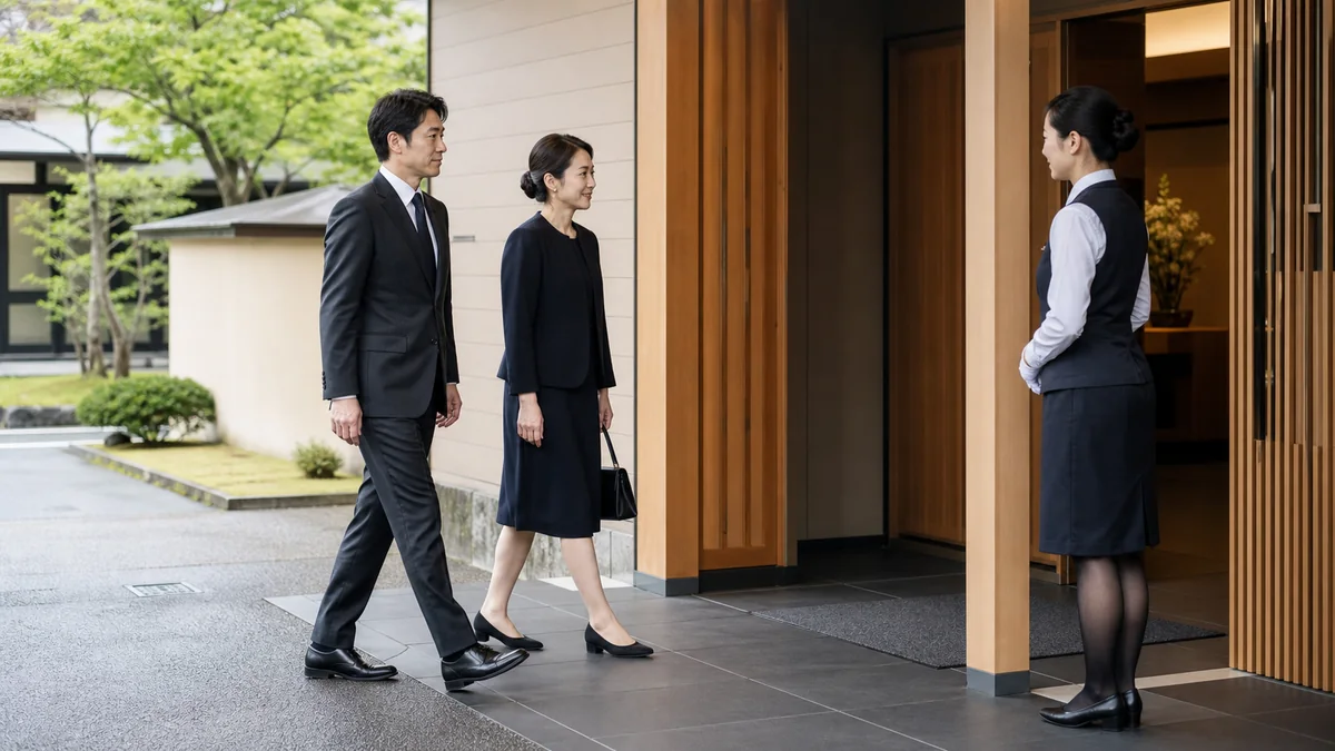 家族葬会館の入口にダークチャコールのスーツと濃紺のワンピースで到着する日本人男女と係員