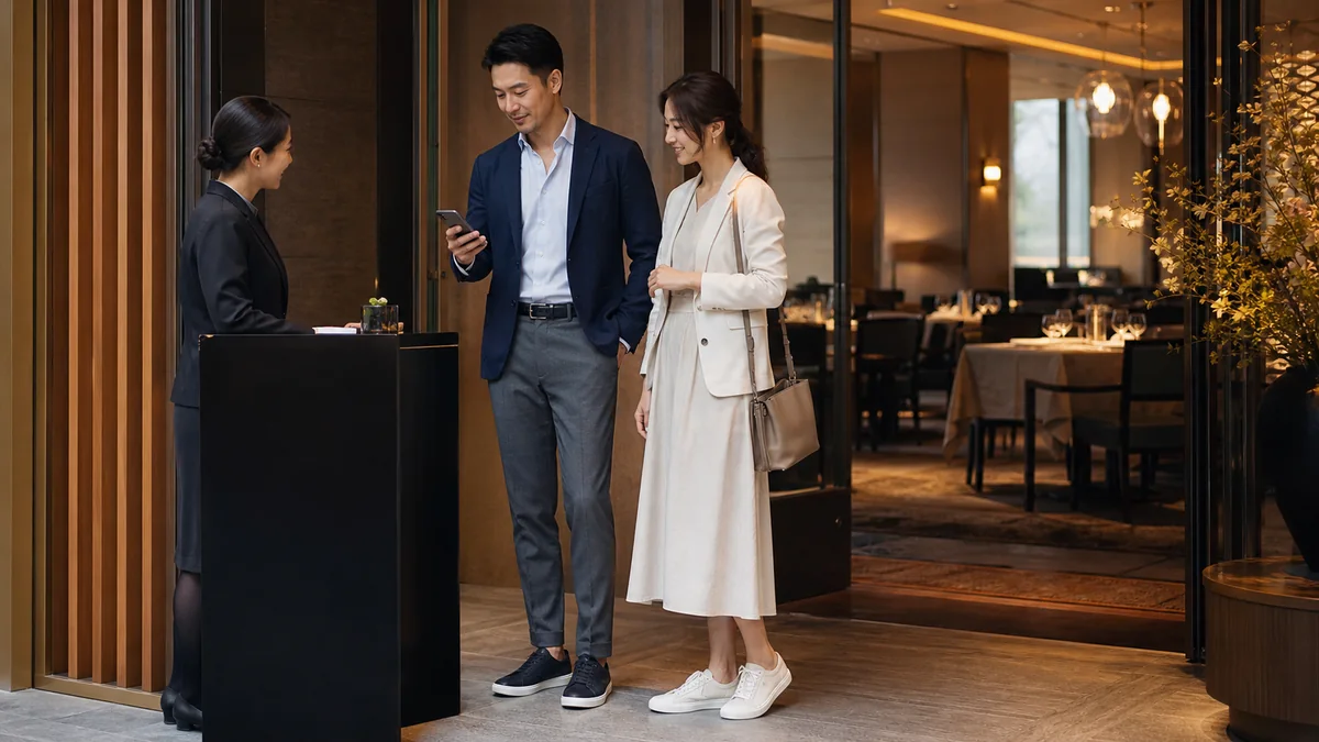 高級ホテルレストラン入口でシンプルなレザースニーカーを履き予約を確認する日本人男女