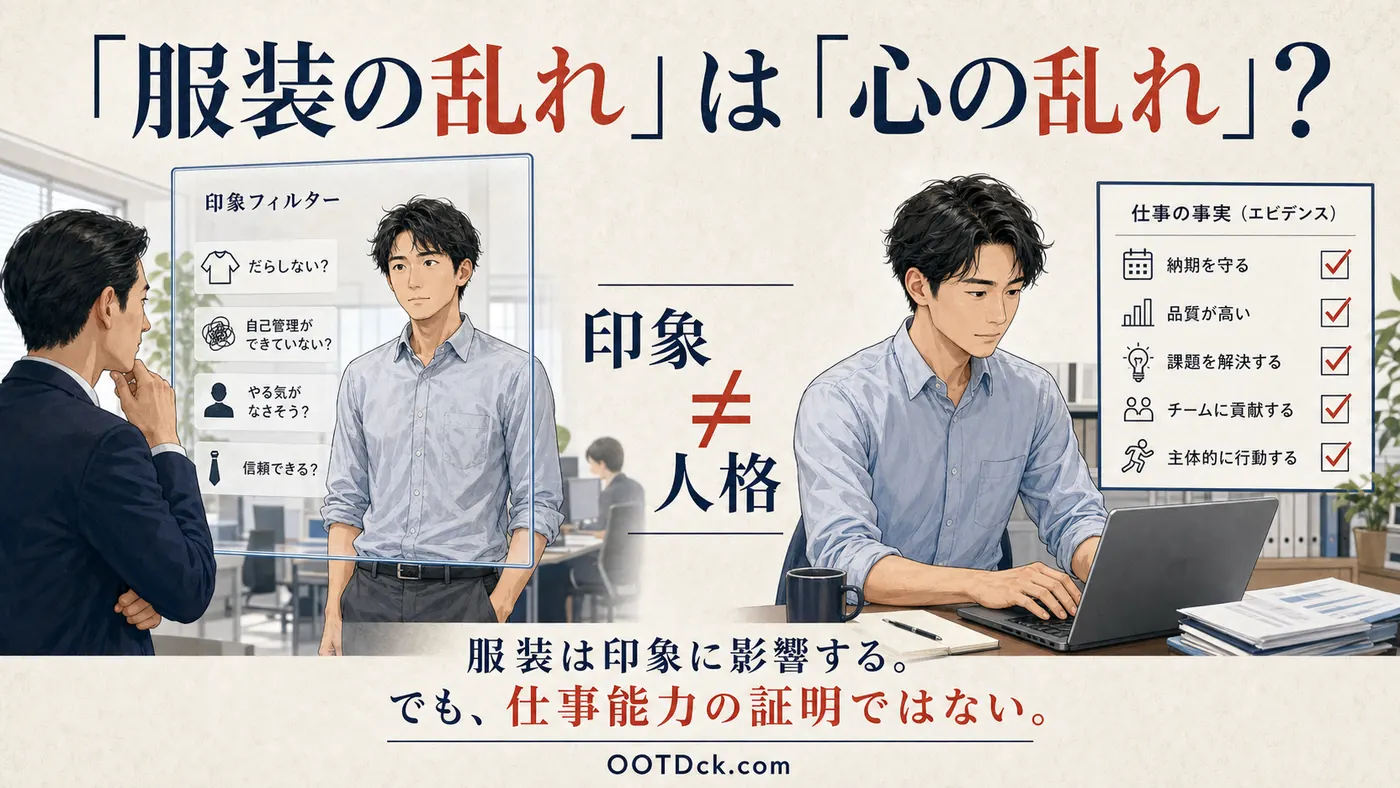 服装による第一印象と実際の仕事の事実を分けて見る日本の職場の図