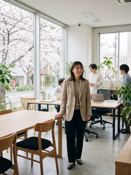 4月のオフィスで、きれいめな服装で働く女性