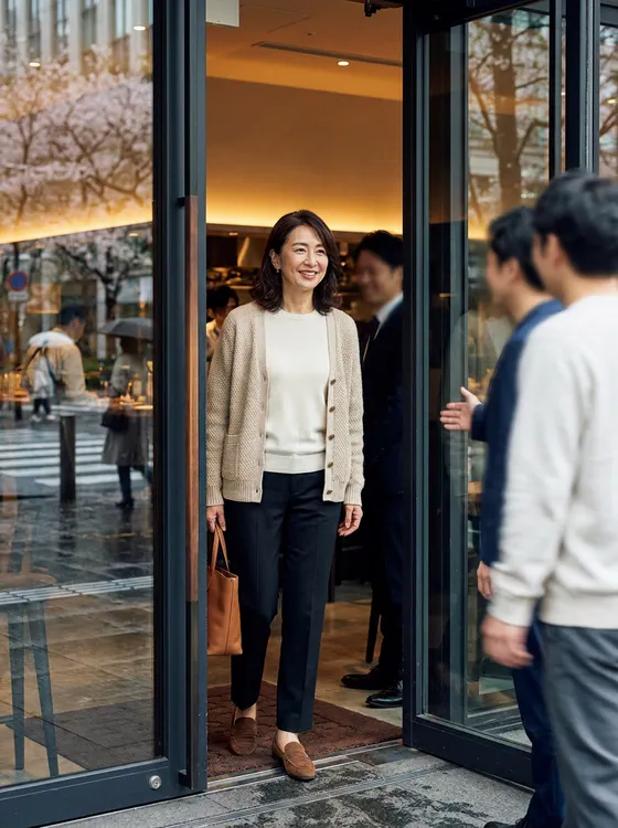 服装自由の歓迎会へ、きれいめの私服で入っていく新入社員