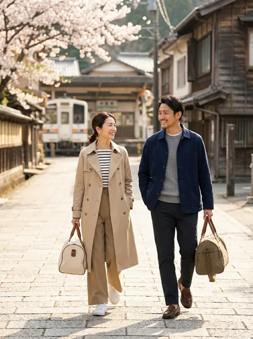 GWの1泊2日旅行で軽い荷物で歩く日本の大人たち