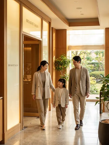 ホテル朝食会場へ向かう整った旅行服の家族