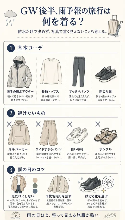 GW後半の雨予報旅行で失敗しにくい基本コーデを整理したインフォグラフィック