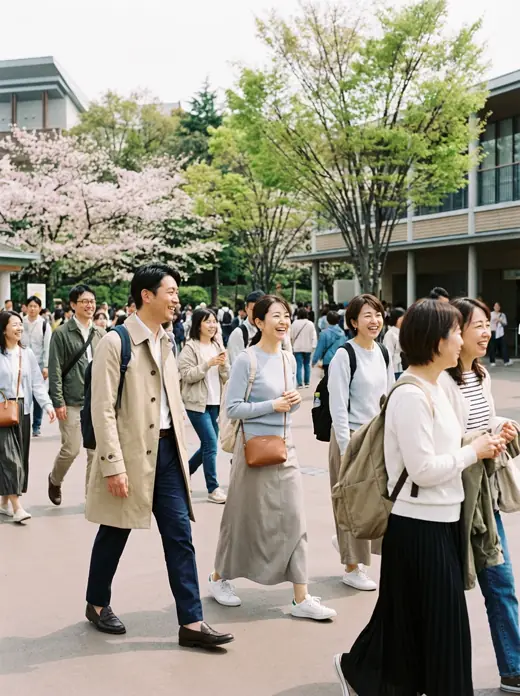 GWのテーマパークで、春らしい軽やかな服装で歩く日本の大人たち