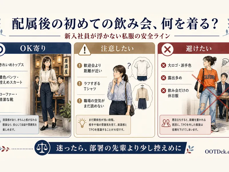 配属後の初めての飲み会で新入社員が浮かない私服の安全ラインをまとめたインフォグラフィック