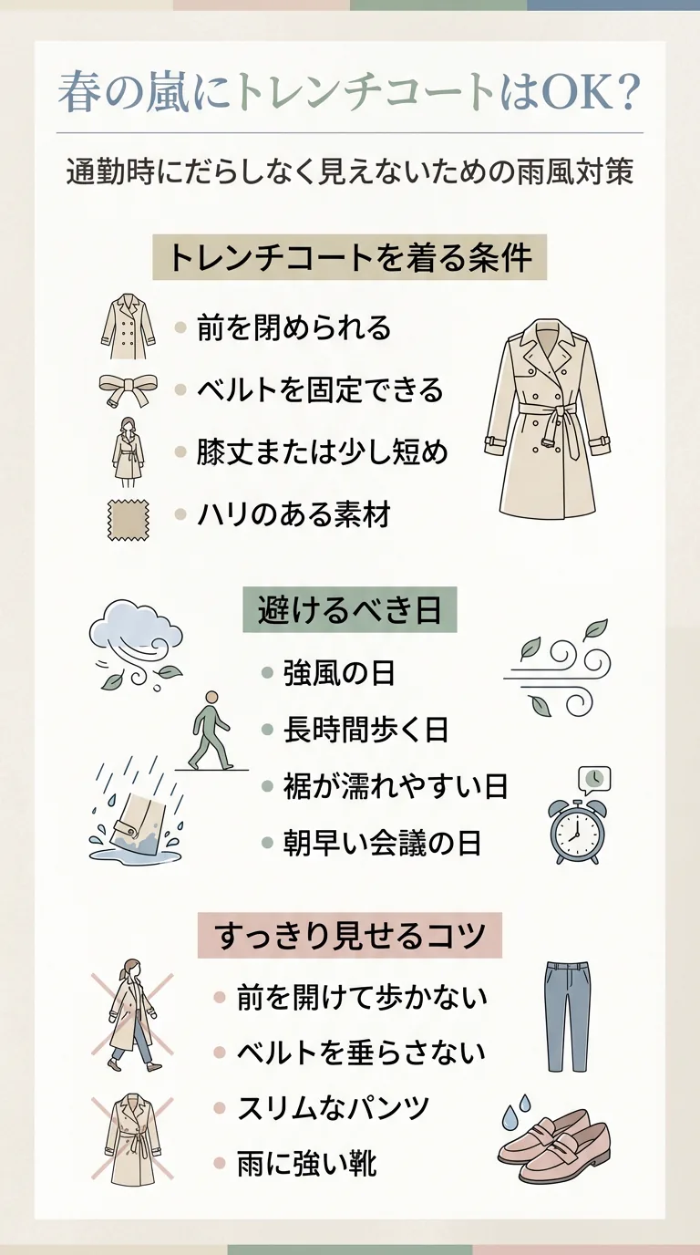 春の嵐の日にトレンチコートを着る条件と避けたい日をまとめた通勤ガイド