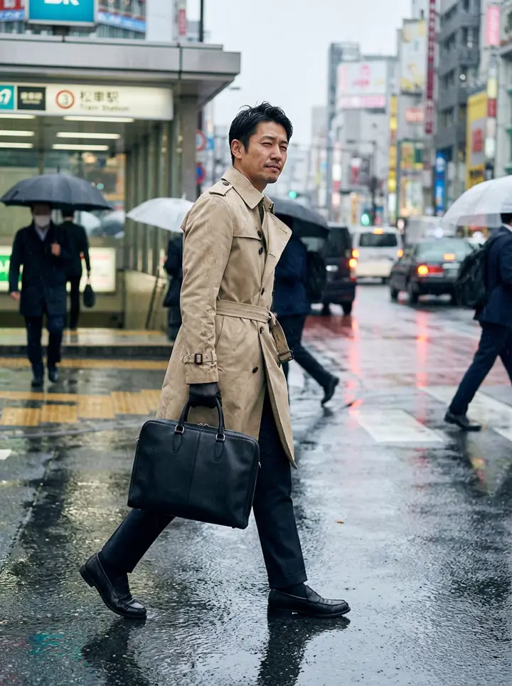 春の雨の日に、トレンチコートで整って通勤する日本の会社員