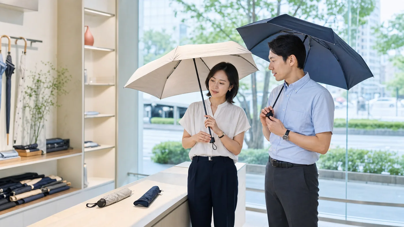 3,000円前後と1万円前後の折りたたみ日傘を重さ、大きさ、開閉の使いやすさで比べる日本の会社員