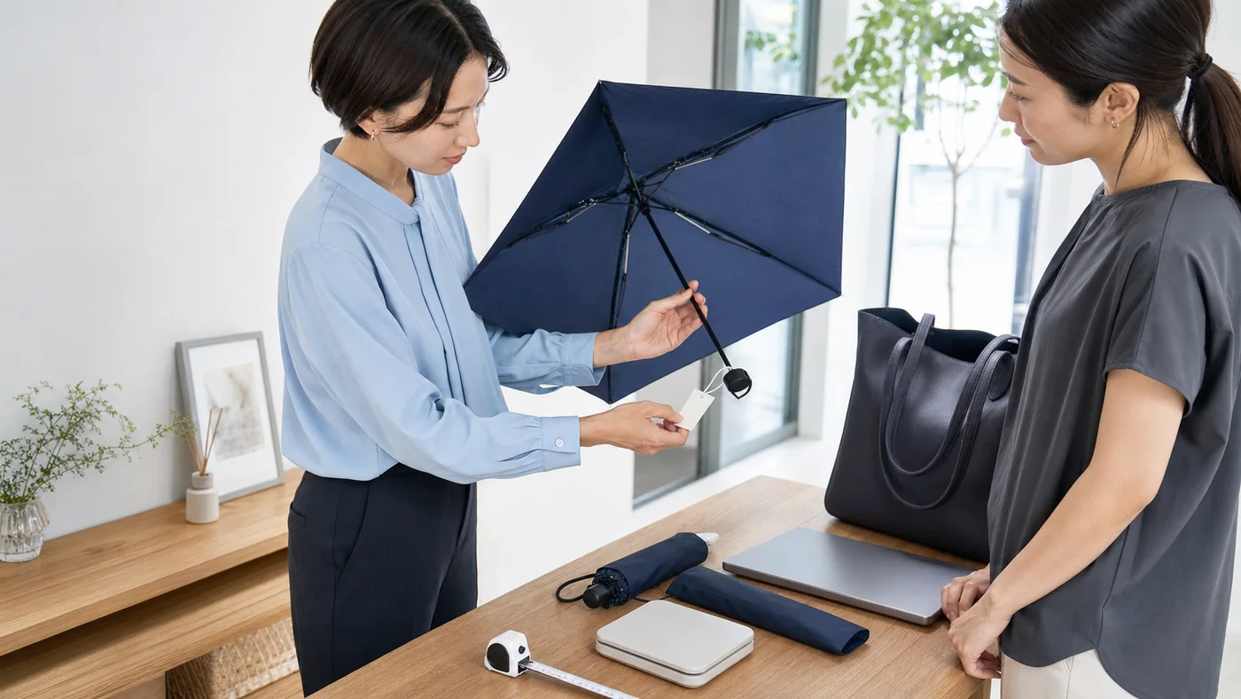 折りたたみ日傘の商品タグ、親骨、重さ、収納時の長さ、開閉操作を通勤前に確認する会社員