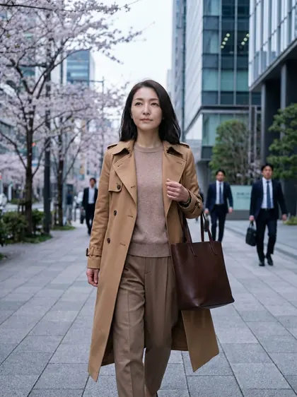 春のオフィス街を上質なバッグを持って歩く女性