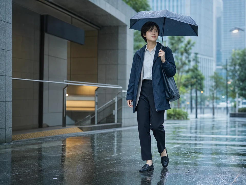 蒸し暑い雨の日の通勤服で撥水と吸汗速乾と冷房対策を判断する画像