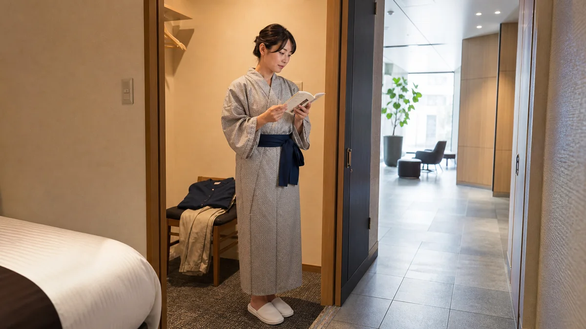 ホテル客室の入口で浴衣とスリッパのまま共用部へ出る前に案内を読む女性宿泊客