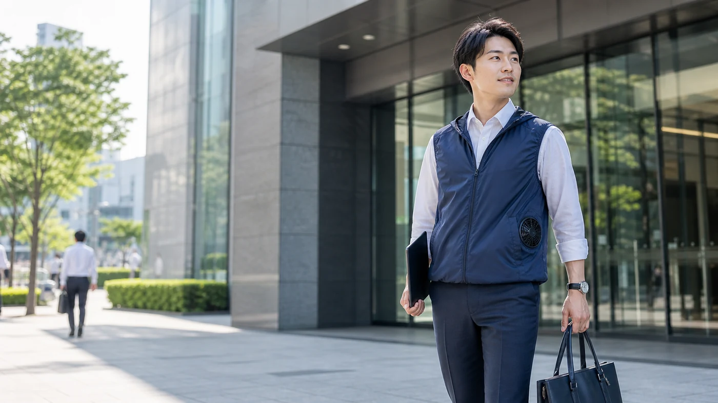 夏の通勤でファン付きベストと会社TPOを確認する社会人のイメージ