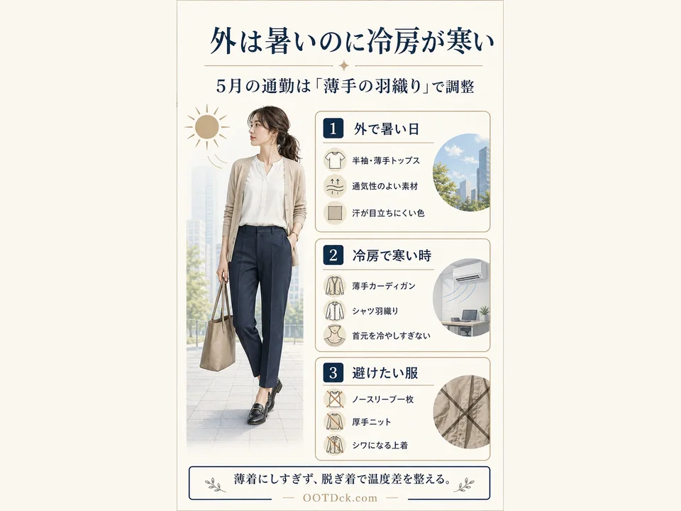 5月の通勤で外は暑いのに冷房が寒い日の温度差対策をまとめたインフォグラフィック