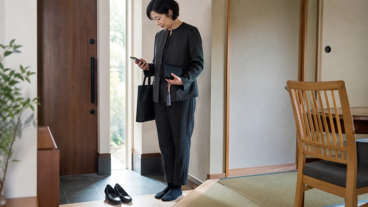 チャコールのセットアップと濃色靴下で法事へ出る日本人が、玄関で低い黒パンプス、念珠袋、小さなバッグを確認し、畳と椅子のある会場を想定する様子