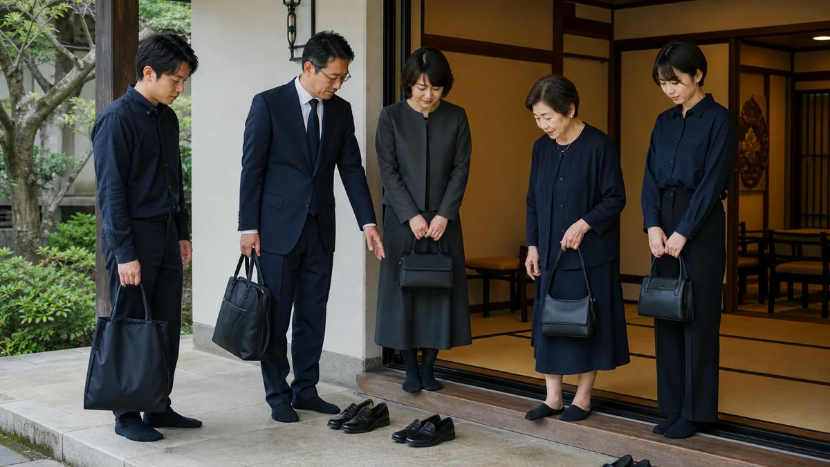 日本の寺院で一周忌や三回忌の法要に参列する家族が、黒・濃紺・チャコールの控えめなスーツ、セットアップ、ワンピース、襟付きシャツで靴を脱いで入る様子