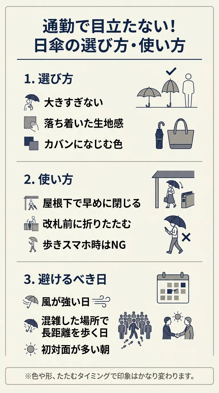 通勤で違和感が出にくい日傘の選び方と使い方を整理したインフォグラフィック