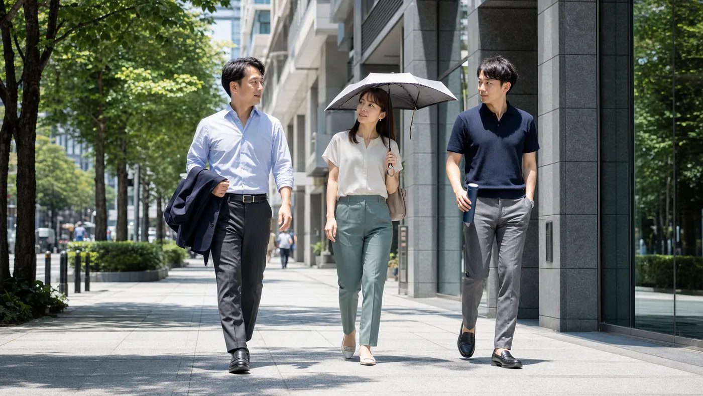 猛暑日の昼休みに日傘と水筒を持ってオフィスを出る会社員