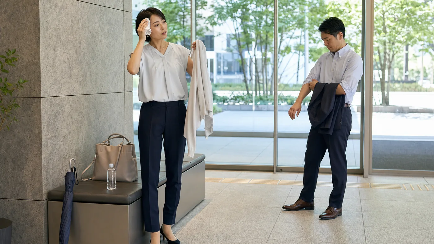 猛暑日の外出から会社へ戻り汗を押さえて羽織りを整える会社員