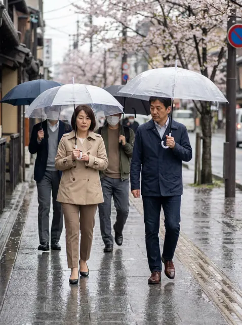 雨の日に通勤する日本の大人たち