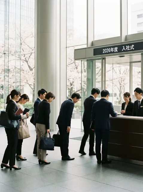 入社式会場に集まる新社会人たち