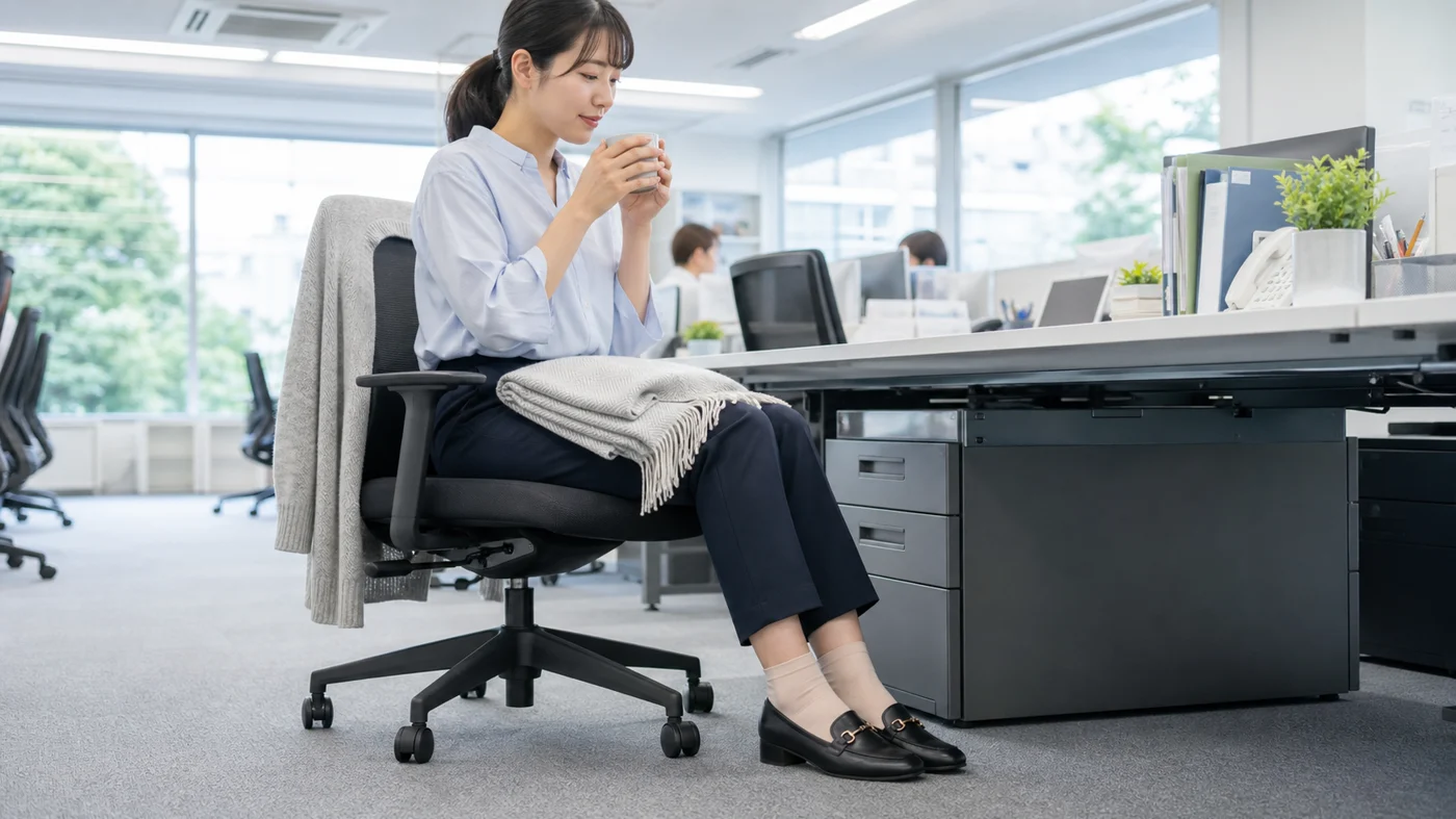 会社の冷房で足元だけ寒い日に薄手靴下とひざ掛けで調整する夏のオフィス服